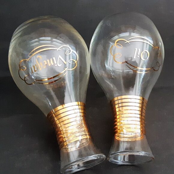 VTG Pyrex Oil & Vinegar Glass Cruets with Tops Gold Bands Original Stoppers - Picture 9 of 12